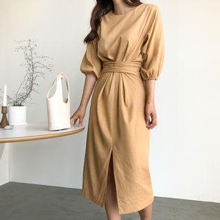 Tie-waist Slit-front Linen Blend Dress