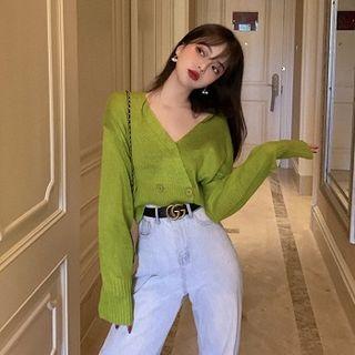 Plain V-neck Double-breasted Long-sleeve Cardigan