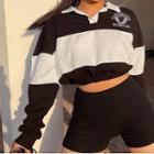 Two Tone Polo Neck Long Sleeve Cropped Top