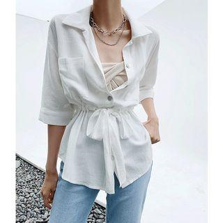 Elbow-sleeve Drawstring-waist Shirt