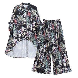 Set: Short-sleeve Floral Shirt + Wide Leg Pants Set Of 2 - Shirt & Pants - Green - One Size