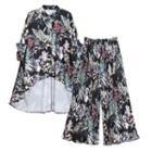Set: Short-sleeve Floral Shirt + Wide Leg Pants Set Of 2 - Shirt & Pants - Green - One Size