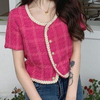 Plaid Short-sleeve Top Pink - One Size