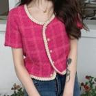 Plaid Short-sleeve Top Pink - One Size