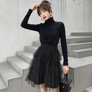 Set: Mock-turtleneck Knit Top + Layered A-line Mini Pinafore Dress