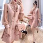 Long-sleeve Mesh Top / Double-breasted Mini A-line Overall Dress