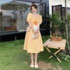 Square-neck Lace Trim Puff-sleeve Dress Yellow - One Size