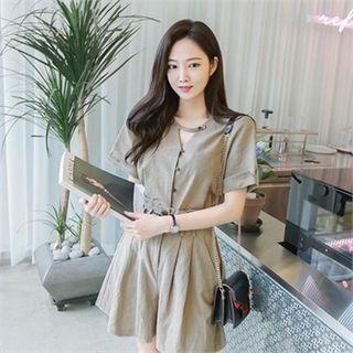 Cutout-neckline Cuff-sleeve Linen Shirt