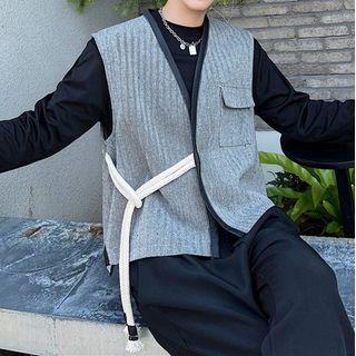 Tie-waist Contrast Trim Vest Gray - One Size