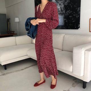 Long-sleeve V-neck Print Midi Chiffon Dress