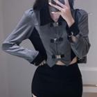 Long-sleeve Collar Two-tone Buckled Crop Top