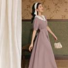 Puff-sleeve Scallop Edge Collar Midi A-line Dress