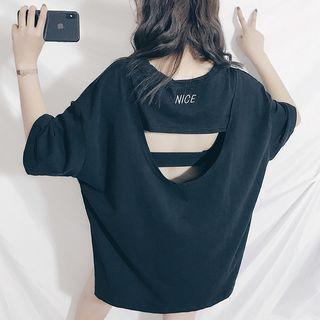 Cut Out Back Printed Elbow-sleeve T-shirt