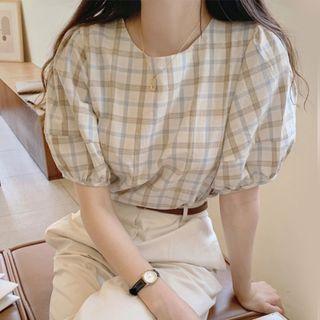 Plaid Puff-sleeve Shirt Beige - One Size