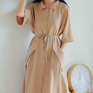Tie-waist Short-sleeve Midi A-line Shirtdress