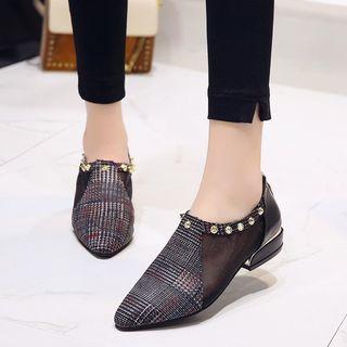 Block Heel Plaid Pointed Shoes
