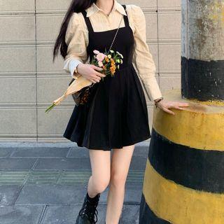 Mock Two-piece Plain Shirt Panel Overall Dress