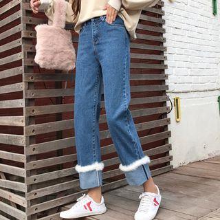 High-waist Furry-panel Straight-leg Jeans