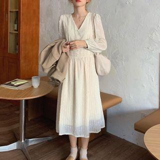 Long-sleeve Striped Midi A-line Dress Almond - One Size