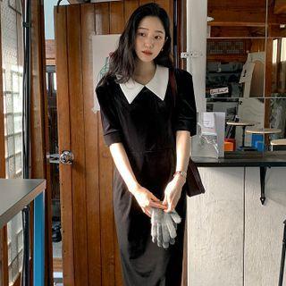 Short-sleeve Collared Velvet Long Dress
