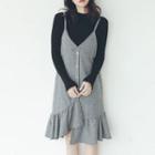 Buttoned Houndstooth Spaghetti-strap Pinafore Dress