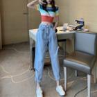 Striped Short-sleeve Cropped Top / High-waist Straight-cut Jeans / Set