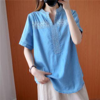 Elbow-sleeve Split-neck Embroidered Blouse / Cropped Wide-leg Pants