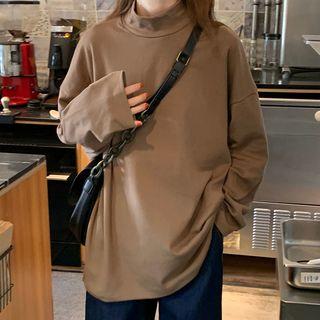 Mock-neck Plain Loose-fit T-shirt