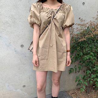 Puff-sleeve Mini A-line Dress Khaki - One Size