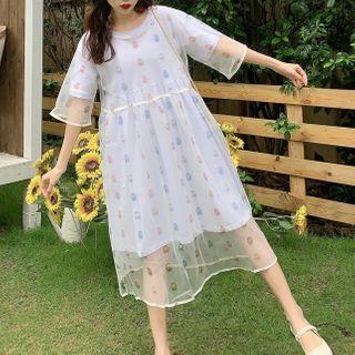 Set: Sheer Short-sleeve Midi A-line Dress + T-shirt Dress