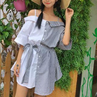 Contrast Panel Off-shoulder Elbow-sleeve Shirt Dress