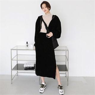 Set: Ribbed Hoodie Zip-up Jacket + Bang-waist Midi Skirt