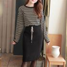 Set: Stripe Knit Top + Midi H-line Skirt Black - One Size