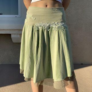 High-waist Floral Embroidered Mesh Panel A-line Midi Skirt