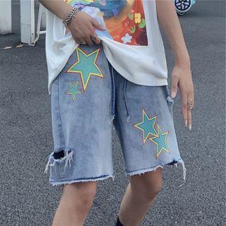 Star Print Wide Leg Denim Shorts