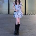 Spaghetti Strap Heart Print Mini A-line Dress Black & White - One Size