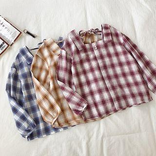 Color-block Square-neck Lace-up Long-sleeve Top