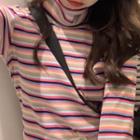 Striped Long-sleeve Turtleneck Ribbed Top
