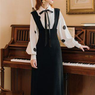 Set: Dotted Long-sleeve Blouse + Midi A-line Pinafore Dress