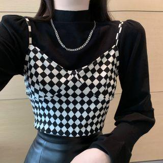 Set: Turtle-neck Bell Sleeve Plain Top + Two-tone Checker Camisole Black - One Size