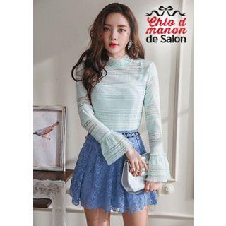 High-neck Bell-cuff Lace Top
