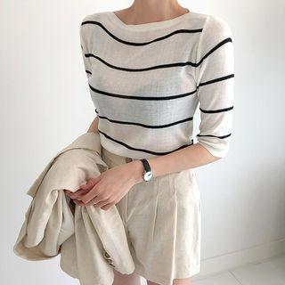 Elbow-sleeve Sheer Stripe Knit Top