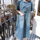 Patch-pocket Fringe-edge Midi Denim Dress Blue - One Size