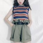 Set: Sleeveless Striped Top + Wide-leg Shorts With Belt