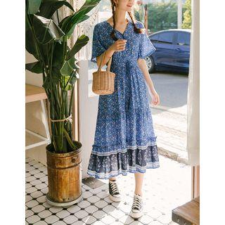 V-neck Patterned Long Dress