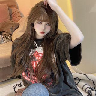 Washed Printed Loose T-shirt Black - One Size