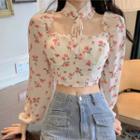 Long-sleeve Floral Print Blouse White - One Size
