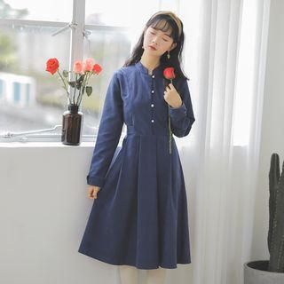 Long-sleeve Mock Neck Bow-accent Midi A-line Dress