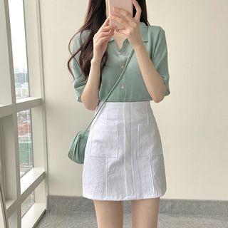 Plain Short-sleeve Knit Shirt / High-waist Mini A-line Skirt