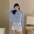 Plain Long-sleeve Light Top / Asymmetric High-waist Skirt